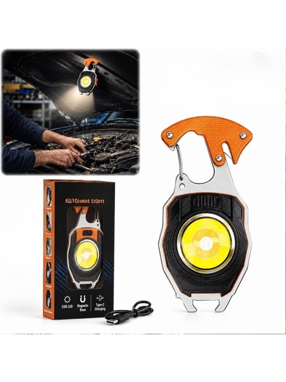 EDC Travel 8-in-1 Multifunctional Keychain Flashlight Rechargeable COB Work Light Magnetic USB C, 1-Pack