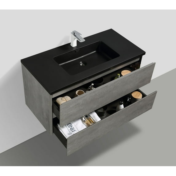 EDD Cement Gray Wall Mount Vanity With A Integrated Black Sink
