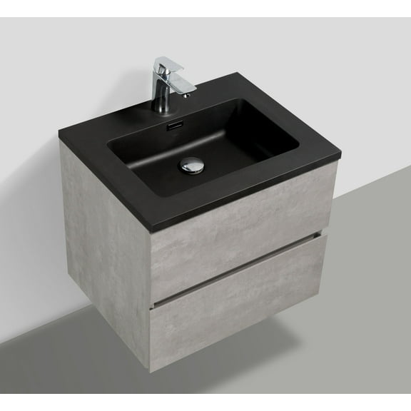 EDD Cement Gray Wall Mount Vanity With A Integrated Black Sink