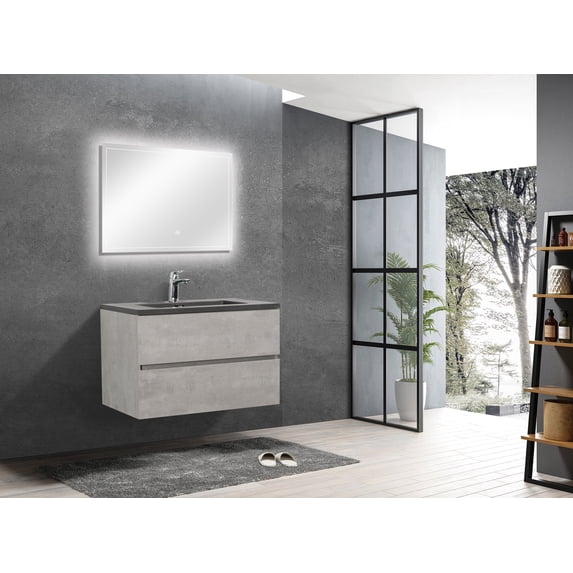 EDD Cement Gray Wall Mount Vanity With A Integrated Black Sink