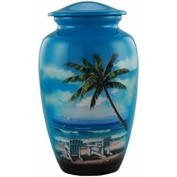 EDEN URNS - Beach Urn Blue Palm Tree Design Cremation Urns for Human Ashes Beautiful Large Cremation Sharing Urns Sky Blue (Aluminum)
