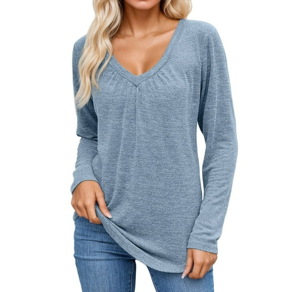 EDFBUYKRS Blouses for Women Dressy Casual Crewneck Womens Tops Pleated Long Sleeve Shirts for Women Blouses M