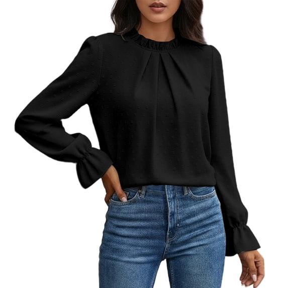 EDFBUYKRS Blouses for Women Long Sleeve V Neck Boho Smocked Tops Fall Casual Floral Print Chiffon Shirts S