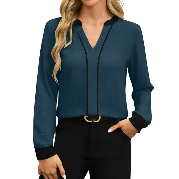 EDFBUYKRS Fall Tops for Women Long Sleeve Lace Trim V Neck Blouses Dressy Casual A Line Tunic Shirts L