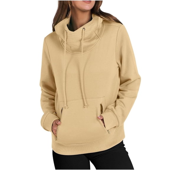 EDFBUYKRS Female Long Sleeve Hoodie 2026 Fall Women's Cowl Neck Pullover Hoodie Long Sleeve Solid Color Drawstring Sweatshirt Top with Convenient Pocket M