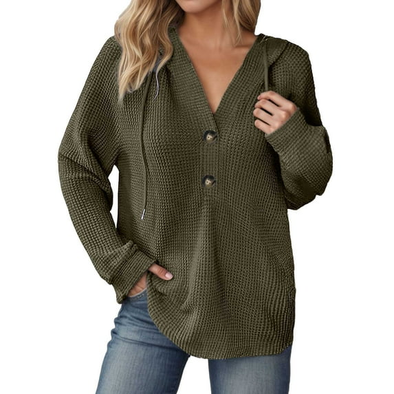 EDFBUYKRS Female Long Sleeve Hoodie European Style Ladies Knitted V Neck Drawstring Button Long Sleeve Hoodie Sweatshirt for Women Casual Comfortable Wear L