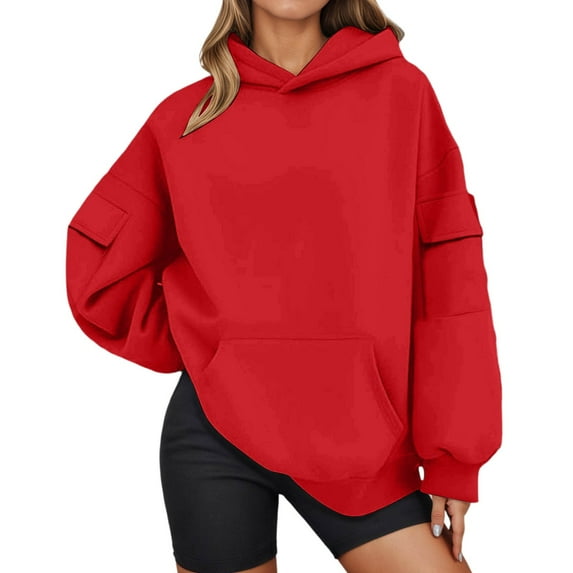EDFBUYKRS Female Long Sleeve Hoodie Long Hooded Sweatshirt Oversized Pullover Casual Loose Fit with Front Pocket Long Sleeve Solid Color Fall Winter Fashion Outerwear Top for Women L