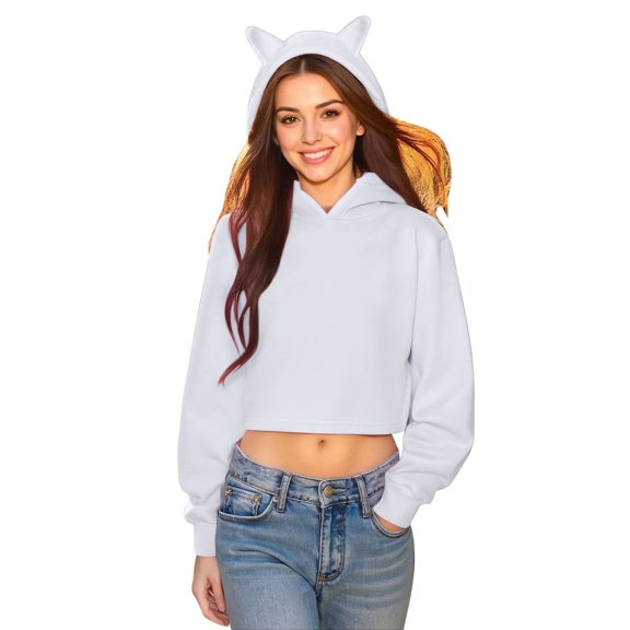 EDFBUYKRS Female Long Sleeve Hoodie Solid Color Cat Ear Hoodie Cute Cropped Pullover Casual Streetwear Fashion Outerwear for Women S