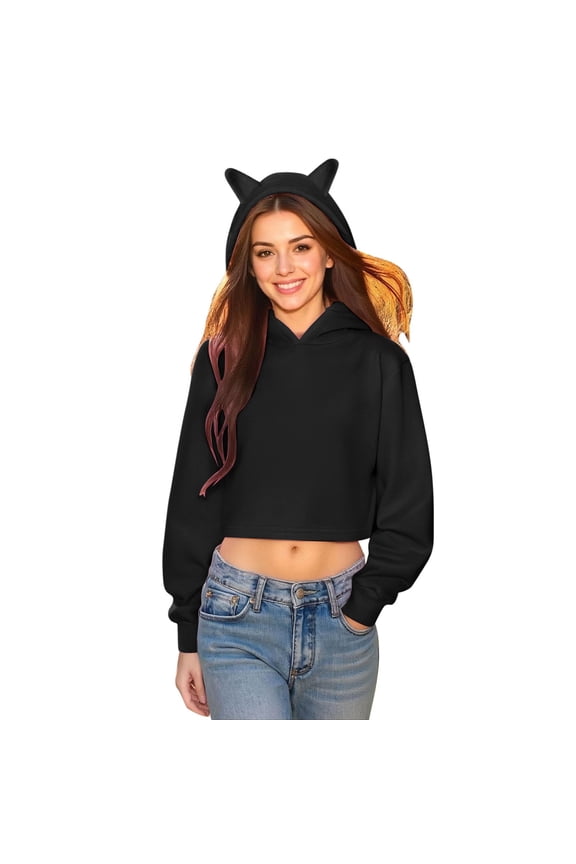 Female Long Sleeve Hoodie Solid Color Cat Ear Hoodie Cute Cropped Pullover Casual Streetwear Fashion Outerwear for Women Xl