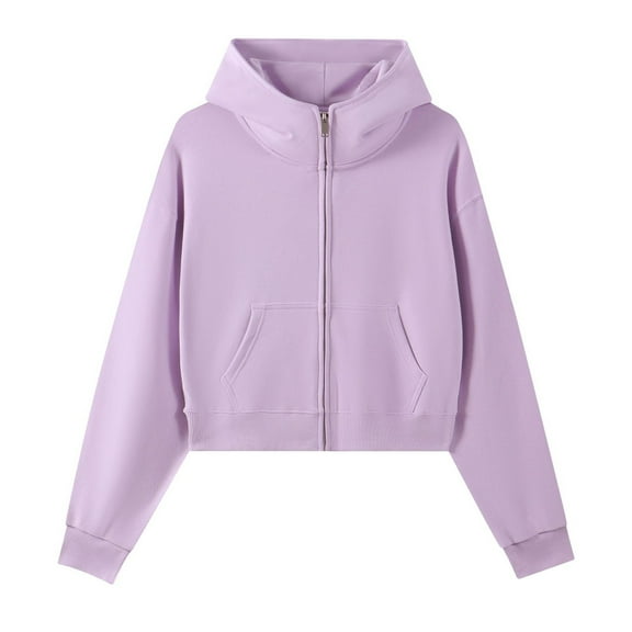 EDFBUYKRS Female Long Sleeve Hoodie Winter Heavyweight Cropped Zip up Hooded Sweatshirt High Neck Pullover Casual Streetwear Top for Women M