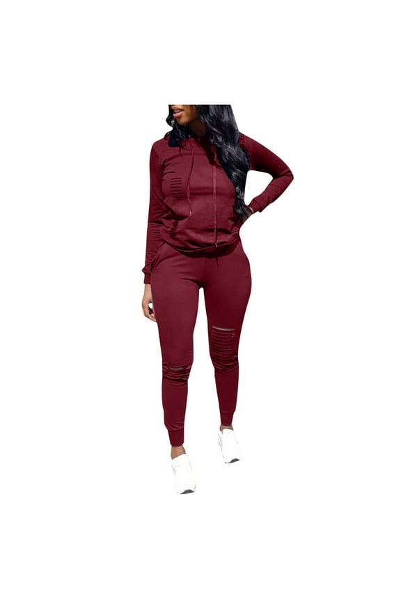 Female Long Sleeve Hoodie Women's Autumn Winter Fashion Sportswear Casual Long Sleeve Ripped Pullover Hooded Sweater Suit for Athletic Wear and Daily Comfort L
