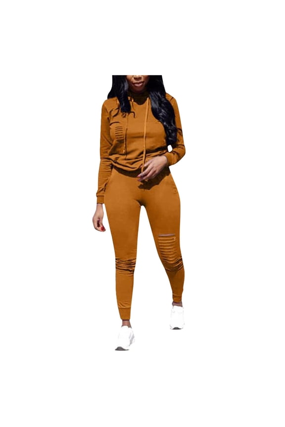 Female Long Sleeve Hoodie Women's Autumn Winter Fashion Sportswear Casual Long Sleeve Ripped Pullover Hooded Sweater Suit for Athletic Wear and Daily Comfort L