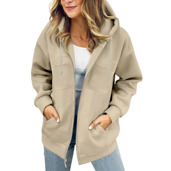 EDFBUYKRS Female Long Sleeve Hoodie Women's Casual Loose Fit Solid Color Zippered Hooded Sweatshirt Coat with Front Pockets and Long Sleeves for Everyday Comfort M