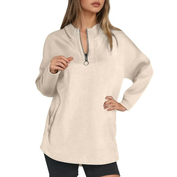 EDFBUYKRS Female Long Sleeve Hoodie Women's Half Zip High Neck Pullover Hoodie for Fall and Winter Season with Front Zipper Closure Comfortable Casual Wear S