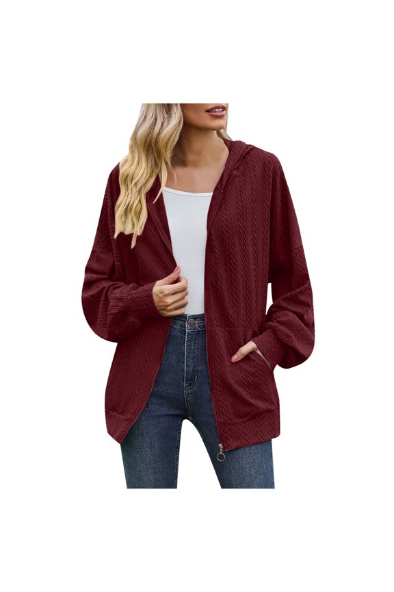 Female Long Sleeve Hoodie Women's Long Sleeve Zipper Hooded Jacket Coat with Elastic for Casual Loose Fit Comfort M