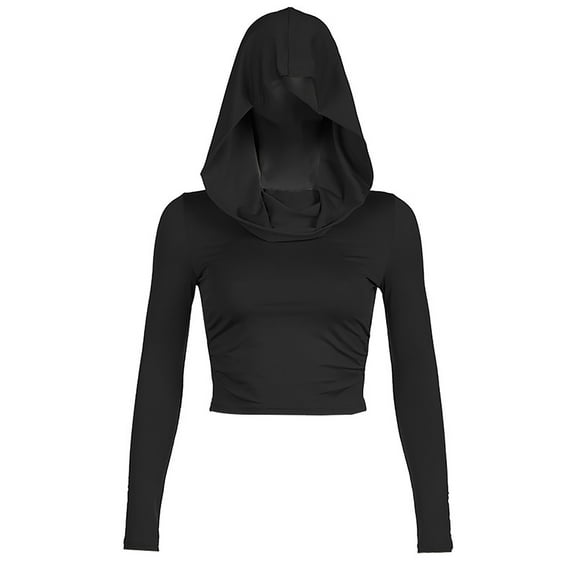 EDFBUYKRS Female Long Sleeve Hoodie Women's Solid Color Casual Streetwear Hooded Base Tee Slim Fit Pleated Sports Crop Top for Everyday Fashion and M