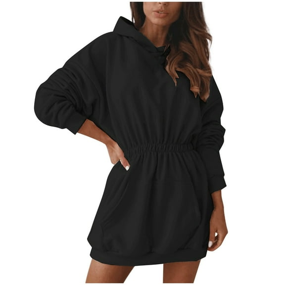 EDFBUYKRS Female Long Sleeve Hoodie Women's Street Fashion Long Sleeve Hooded Zipper Sweatshirt Dress Casual Solid Color Warm Top for Everyday Wear Xl