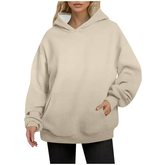 EDFBUYKRS Female Long Sleeve Hoodie Women's Thin Style Plus Size Hooded Pullover Sweatshirt Long Sleeved Autumn Winter Solid Color Front Pocket Casual Comfort S