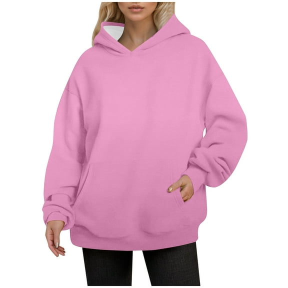 EDFBUYKRS Female Long Sleeve Hoodie Women's Thin Style Plus Size Hooded Pullover Sweatshirt Long Sleeved Autumn Winter Solid Color Front Pocket Casual Comfort S