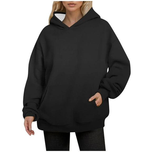EDFBUYKRS Female Long Sleeve Hoodie Women's Thin Style Plus Size Hooded Pullover Sweatshirt Long Sleeved Autumn Winter Solid Color Front Pocket Casual Comfort S
