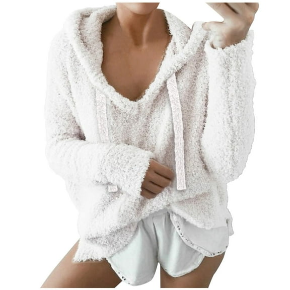 EDFBUYKRS Female Long Sleeve Hoodie Women's V-Neck Solid Pullover Sweatshirt Loose Fit Long Sleeve Casual Blouse Top Comfortable Soft Everyday Wear Xxxxxl