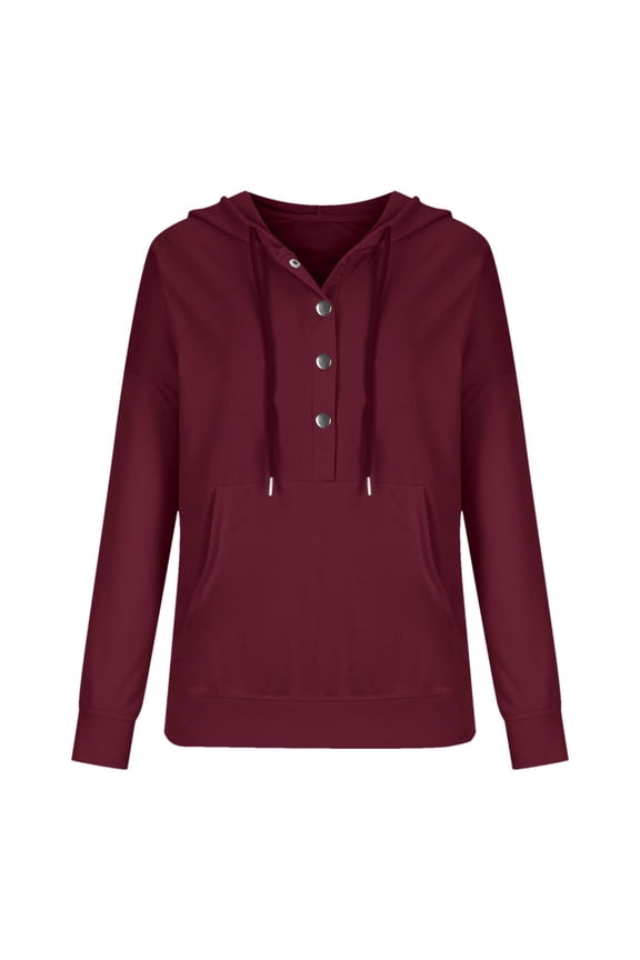 Female Long Sleeve Hoodie Womens Casual Pullover Hoodie Long Sleeve Button Down Front Sweatshirt Top with Drawstring Pocket Fall Fashion Clothes L