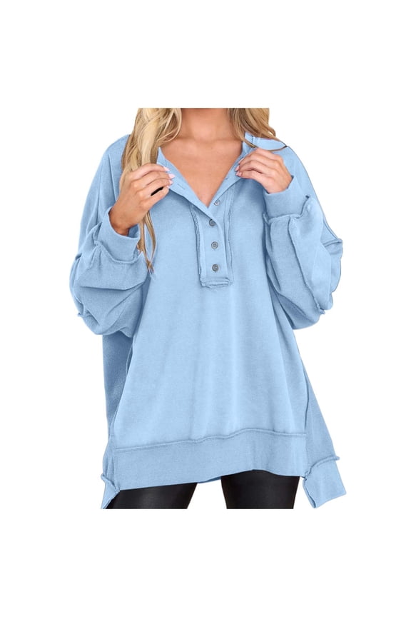 Female Long Sleeve Sweatshirt Women Plus Basic Relaxed Long Sleeve V-Neck Sweatshirts W/Side Pockets Size M