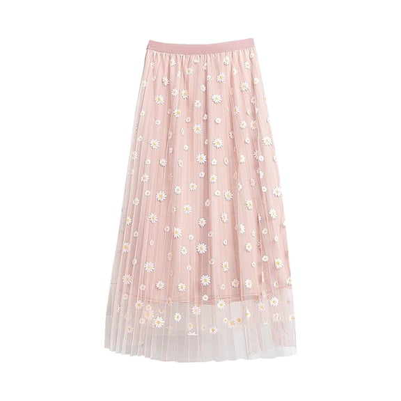 EDFBUYKRS Female Skirts Black Plus Size Skirt with Shorts Women Floral Pleated Mesh Overlay Elastic Waist Big Swing A-Linetulle Skirt