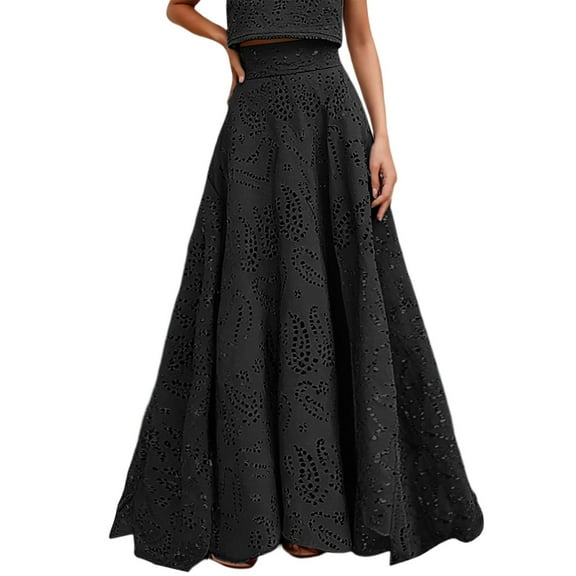 EDFBUYKRS Female Skirts Fall Maxi Skirt Set Women's Floral Print Hollow out Skirt for Summer Spring Casual Outfit with Matching Top Machine Washable Solid Color