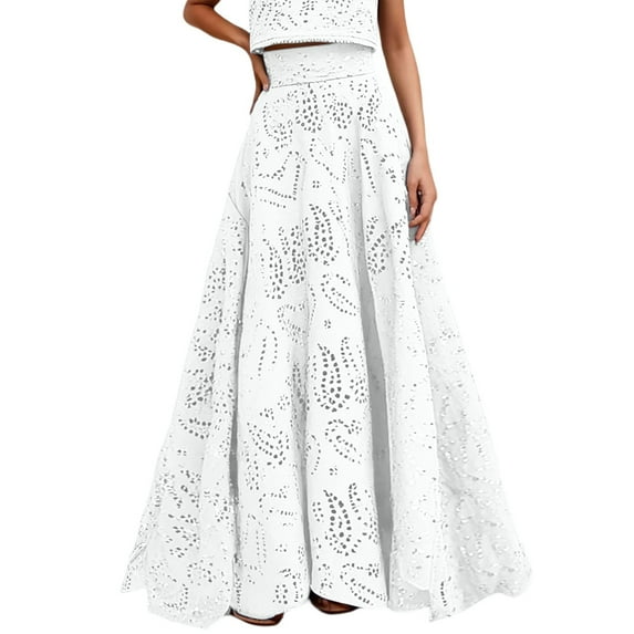 EDFBUYKRS Female Skirts Fall Maxi Skirt Set Women's Floral Print Hollow out Skirt for Summer Spring Casual Outfit with Matching Top Machine Washable Solid Color