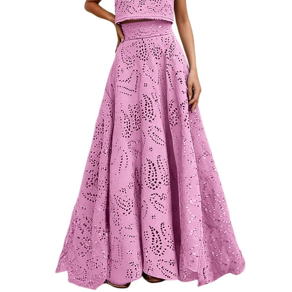 EDFBUYKRS Female Skirts Fall Maxi Skirt Set Women's Floral Print Hollow out Skirt for Summer Spring Casual Outfit with Matching Top Machine Washable Solid Color