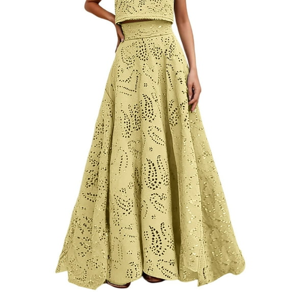 EDFBUYKRS Female Skirts Fall Maxi Skirt Set Women's Floral Print Hollow out Skirt for Summer Spring Casual Outfit with Matching Top Machine Washable Solid Color