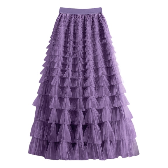 EDFBUYKRS Female Skirts Floral Maxi Skirt with Slit Women Skirt Fashion Pattern Mesh Stitching Solid Color Four Season Cute Puffy Skirt Long Skirt