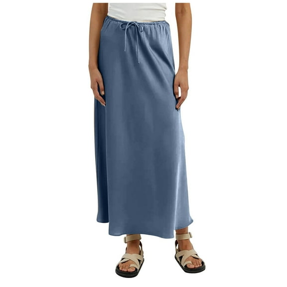 EDFBUYKRS Female Skirts High Waisted Skirts for Women Work Women's Solid Color Satin Long Dress High Waist Drawstring Dress1