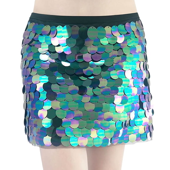 EDFBUYKRS Female Skirts Knee Length Skirt with Pockets A-Line Carnival Belly Dance Scarf with Fringe Circular Sequins Waist Chain for Practice Performance and Yoga