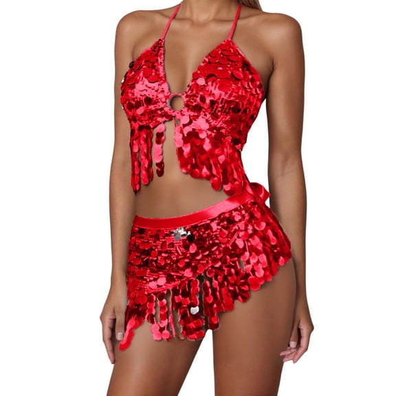 EDFBUYKRS Female Skirts Knee Length Skirt with Slit Women Belly Dance Scarf with Fringe and Sequins for Stage Performance and Practice Exotic Dancer