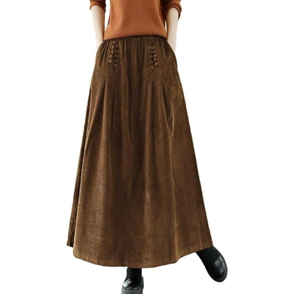 EDFBUYKRS Female Skirts Long Maxi Skirts with Pockets Corduroy Skirt for High Waist Flowy A Line with Pleated Detail Comfortable Soft Fabric Versatile Casual and Dressy Outfits