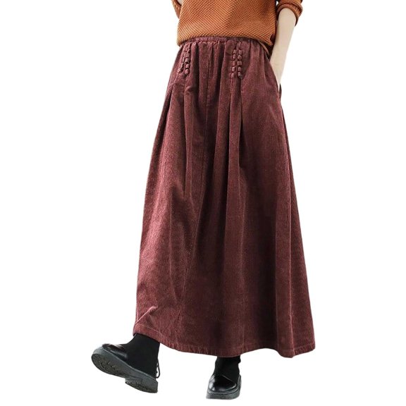 EDFBUYKRS Female Skirts Long Maxi Skirts with Pockets Corduroy Skirt for High Waist Flowy A Line with Pleated Detail Comfortable Soft Fabric Versatile Casual and Dressy Outfits