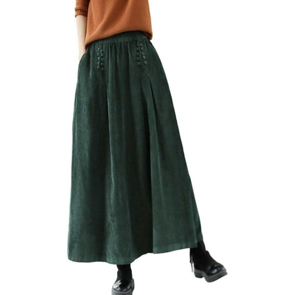 EDFBUYKRS Female Skirts Long Maxi Skirts with Pockets Corduroy Skirt for High Waist Flowy A Line with Pleated Detail Comfortable Soft Fabric Versatile Casual and Dressy Outfits