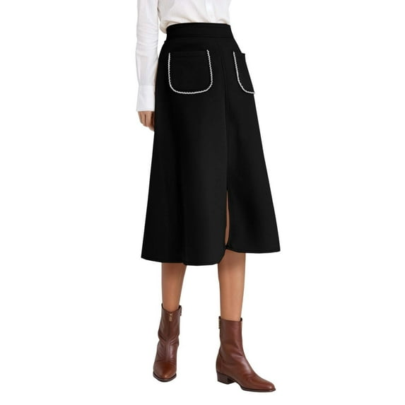 EDFBUYKRS Female Skirts Long Skirts for Women Plus Size with Slit Women's Suede A Line Midi Skirt with Elastic Waist and Front Pockets for Fall and Winter