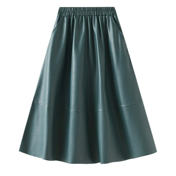 EDFBUYKRS Female Skirts Long Winter Skirts for Women 2026 Leather Skirt Pocket Half Skirt A Line Skirt High Waisted Pu Leather Long Skirt