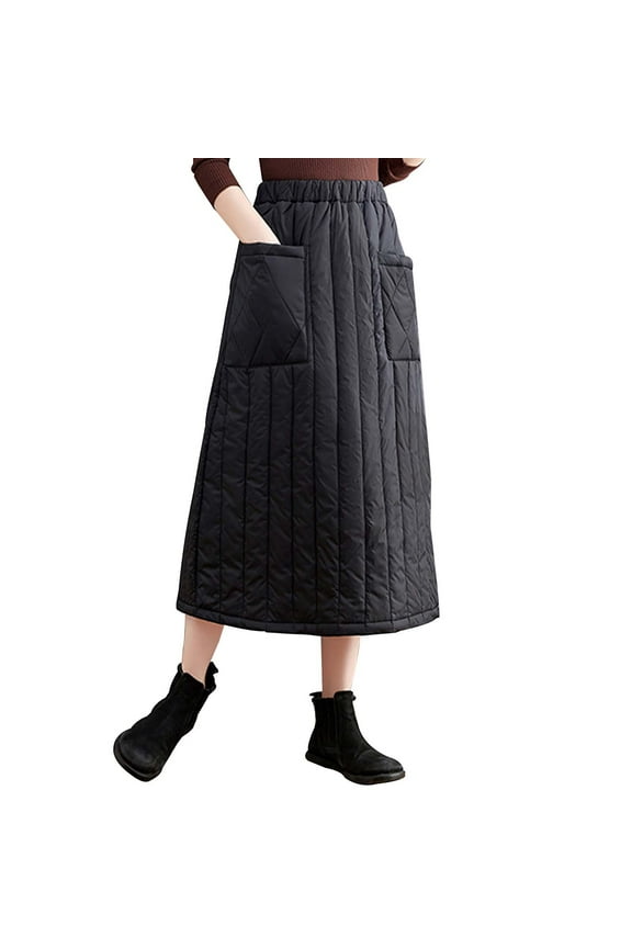 Female Skirts Maxi Skirt with Pockets and Belt Women's Padded Midi Skirt with Side Zipper and Flared Hemline for Warmth and Style in Winter