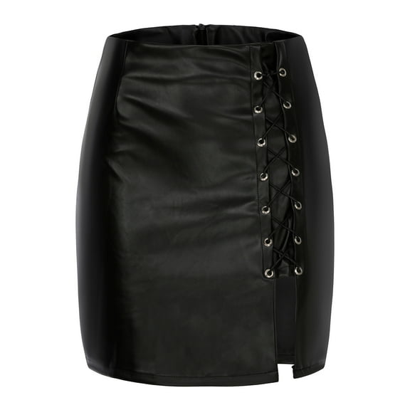 EDFBUYKRS Female Skirts Mini Skirt Plus Size 3Xl Fashion Women Solid Bandage Short Skirt High Waist Leather Mini Skirt