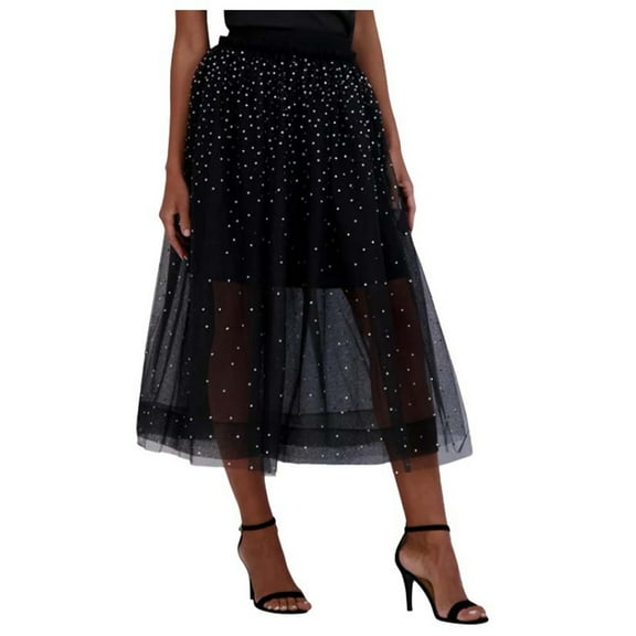 EDFBUYKRS Female Skirts Pleated Black Skirts for Women Long Women's See Through Mesh Club Dress Sparkling Rhinestone Midi Dress