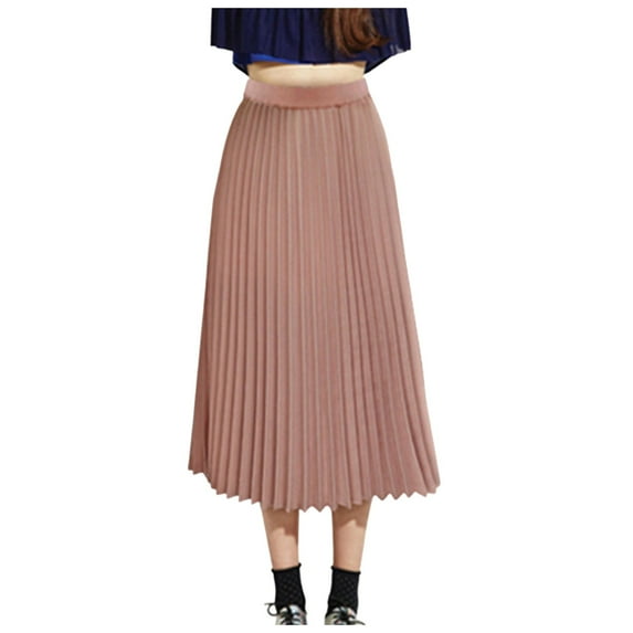 EDFBUYKRS Female Skirts Pleated Mini Skirt Plaid Womens Solid Pleated Elegant Midi Elastic Waist Maxi Skirt