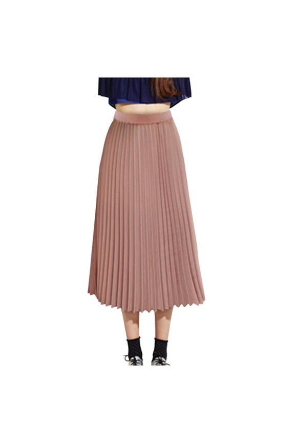 Female Skirts Pleated Mini Skirt Plaid Womens Solid Pleated Elegant Midi Elastic Waist Maxi Skirt