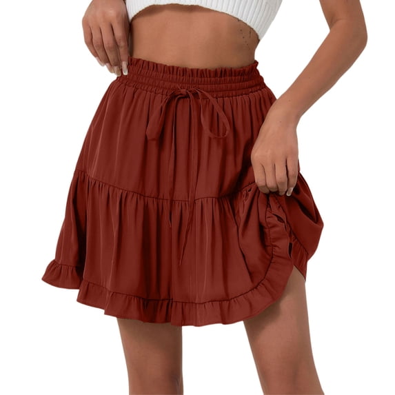 EDFBUYKRS Female Skirts Plus Size Mini Skirt Set Women Solid Lace up Skirt High Waist Skirt Pleated Ruffle Fold Skirt