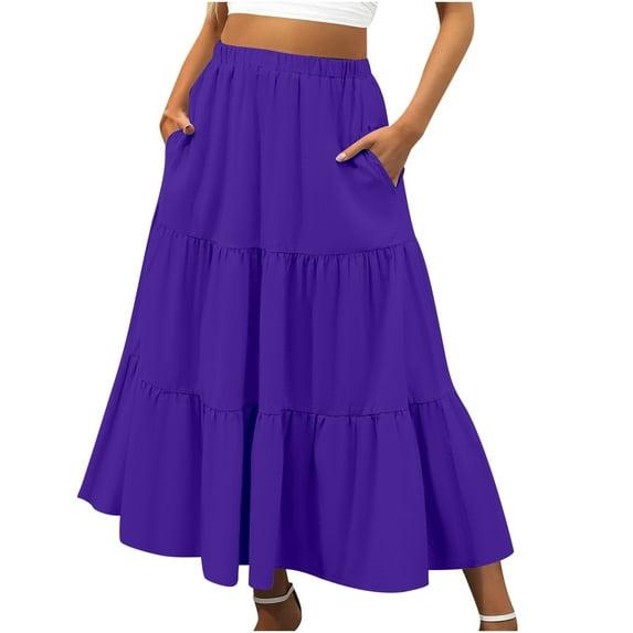 EDFBUYKRS Female Skirts White Tutu Skirt for Women Plus Size Women S Summer Boho Elastic Waist Pleated A Line Flowy Swing Tiered Long Beach Skirt Dress with Pockets