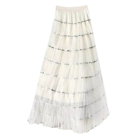 EDFBUYKRS Female Skirts Womens Skirts Long Length Women's High Waisted Slim and Sequin Mesh Patchwork A Line Cake Skirt Midi Skirt