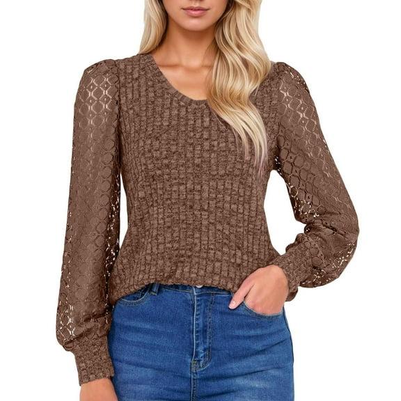 EDFBUYKRS Female Sweaters Long Sleeve Shirts for Women Crew Neck Casual Tunic Tops Lightweight Pullover Sweaters Fall Sweater L
